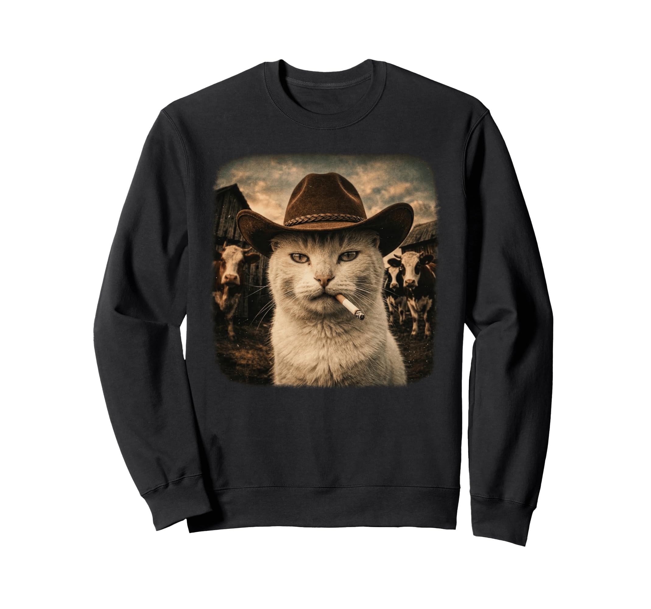 Funny Cowboy Cat Smoking Cigarette Sweatshirt - Minimalist Print Men Women - T-Shirt, Sweatshirt, Hoodie