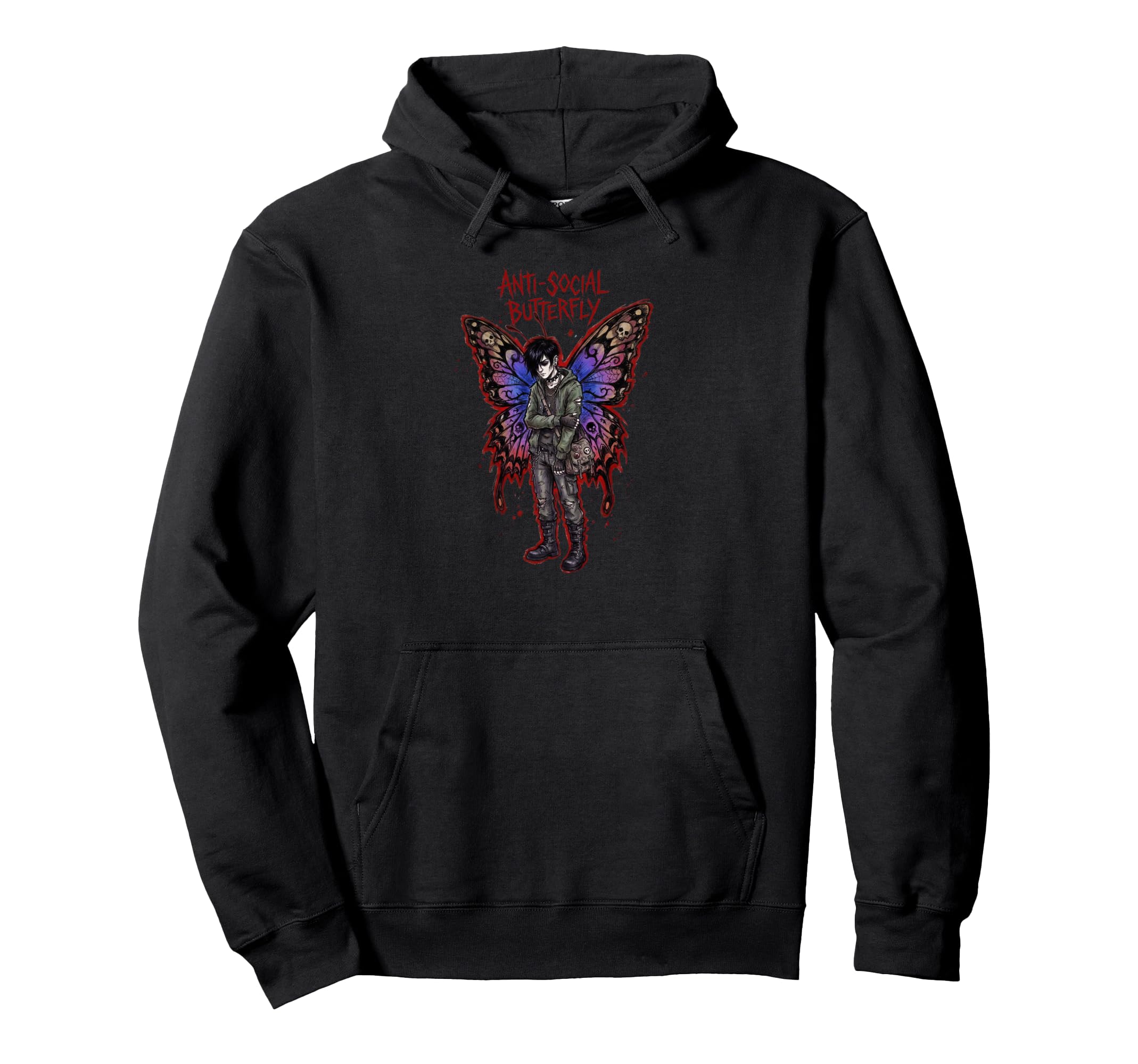 Anti Social Butterfly Emo Goth Male Hoodie - Aesthetic Graphic for Adults - T-Shirt, Sweatshirt, Hoodie