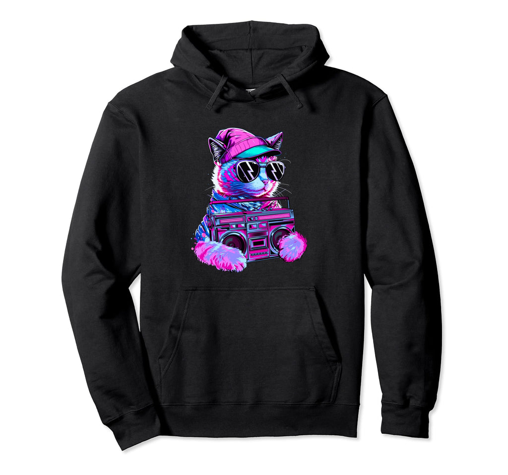 Retrowave Cat Vaporwave Ghettoblaster Hoodie - Minimalist Print Men Women - T-Shirt, Sweatshirt, Hoodie