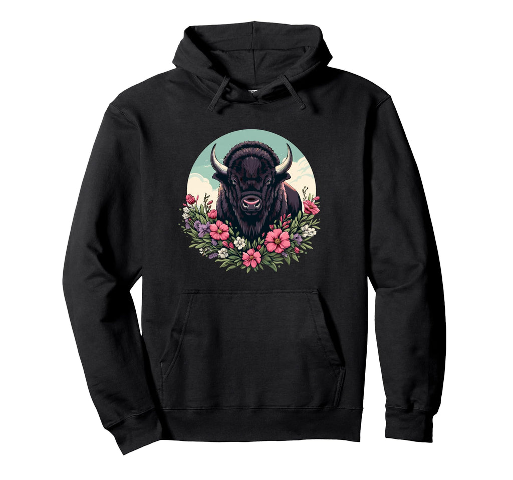 Womens Old West Floral Buffalo Lover Hoodie - Trendy Graphic Men Women - T-Shirt, Sweatshirt, Hoodie