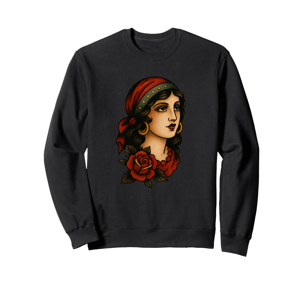 Beautiful Lady Traditional Tattoo Sweatshirt - Trendy Graphic for Adults - T-Shirt, Sweatshirt, Hoodie