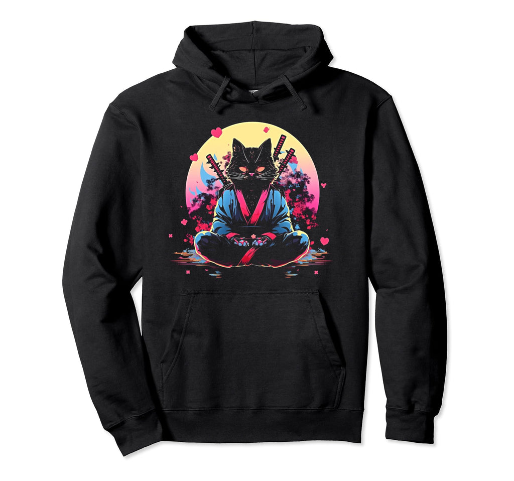 Synthwave Cat Samurai Mediation Hoodie - Trendy Graphic Men Women - T-Shirt, Sweatshirt, Hoodie