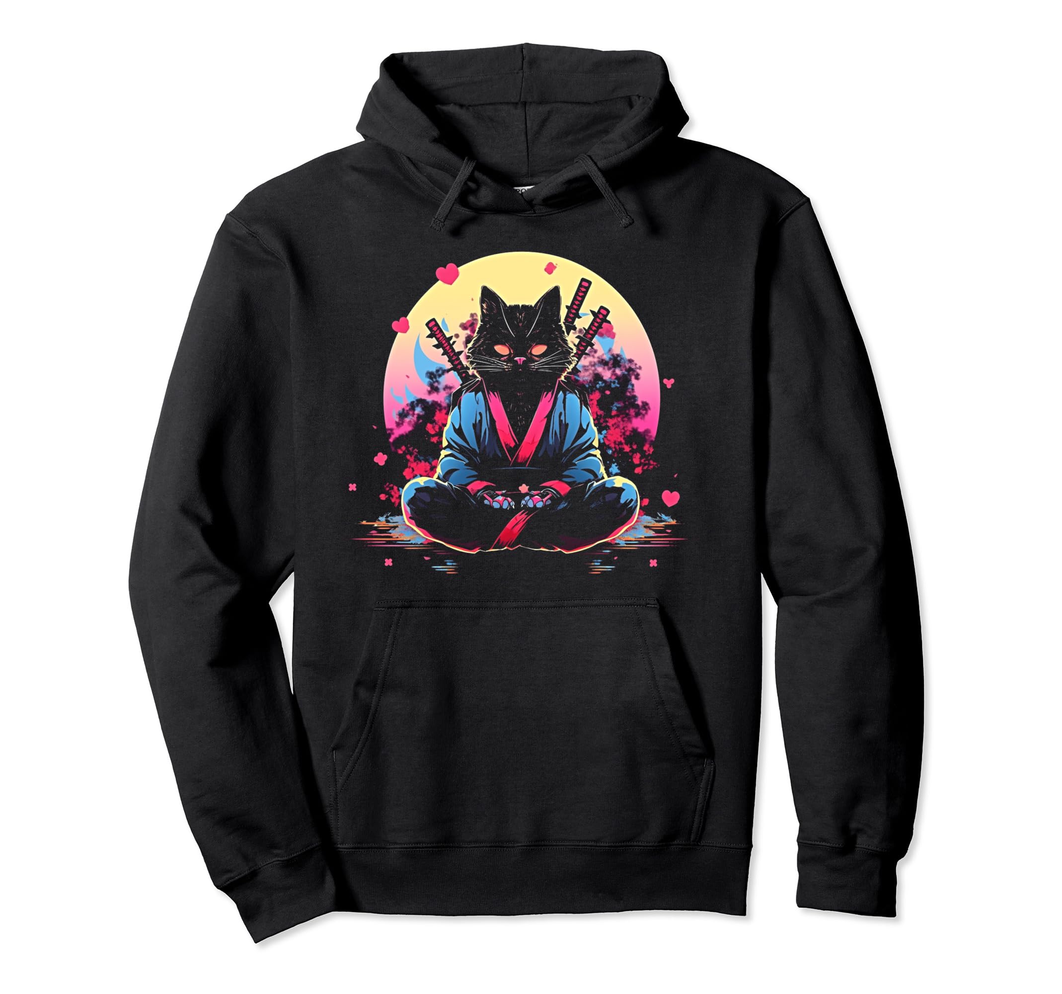 Synthwave Cat Samurai Mediation Hoodie - Trendy Graphic Men Women - T-Shirt, Sweatshirt, Hoodie