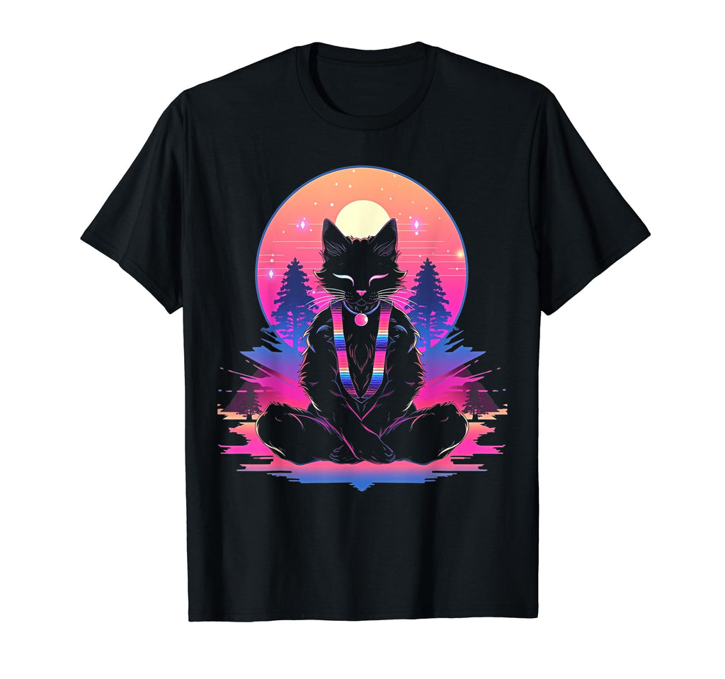 Synthwave Cat Samurai Mediation T-Shirt - Fun Novelty Design Men Women - T-Shirt, Sweatshirt, Hoodie