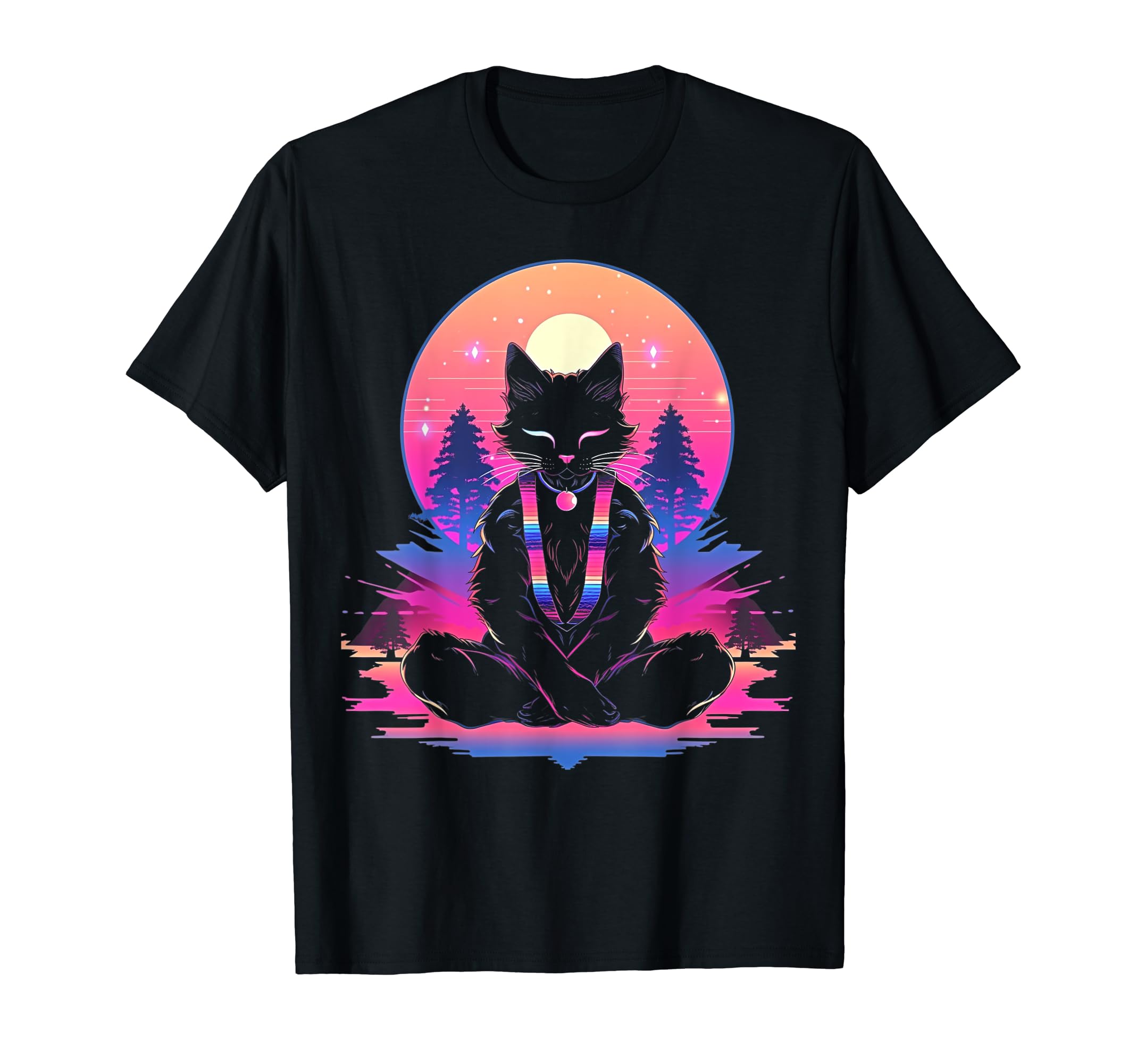 Synthwave Cat Samurai Mediation T-Shirt - Fun Novelty Design Men Women - T-Shirt, Sweatshirt, Hoodie