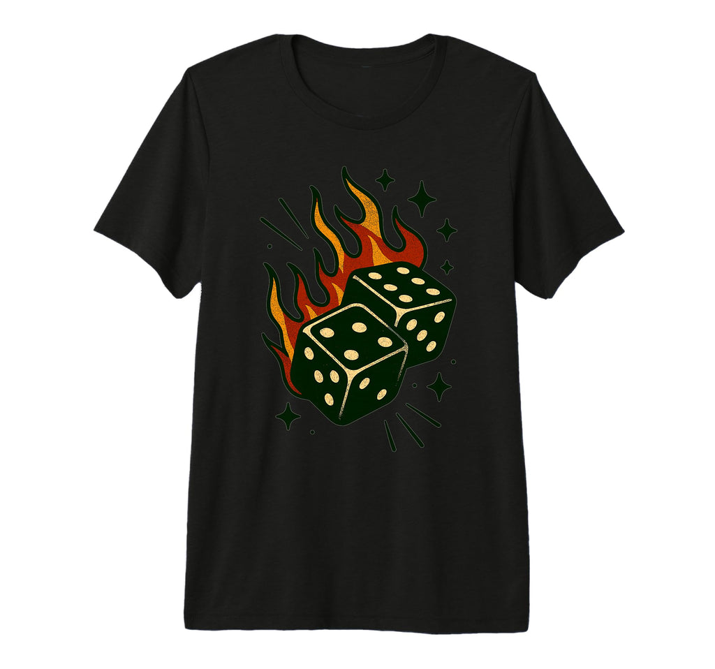 Flaming Rolling Dice Americana Tattoo T-Shirt - Unique Graphic for Adults - T-Shirt, Sweatshirt, Hoodie