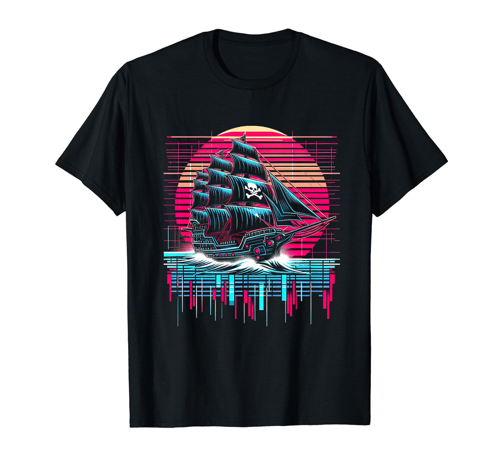 Synthwave Pirate Ship Retrowave T-Shirt - Minimalist Print Men Women - T-Shirt, Sweatshirt, Hoodie