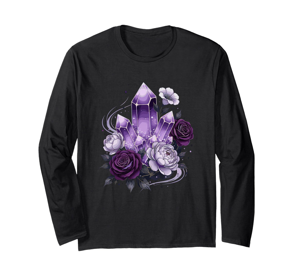 Amethyst Crystal Cluster Gothic Roses T-Shirt - Unique Graphic for Adults - T-Shirt, Sweatshirt, Hoodie