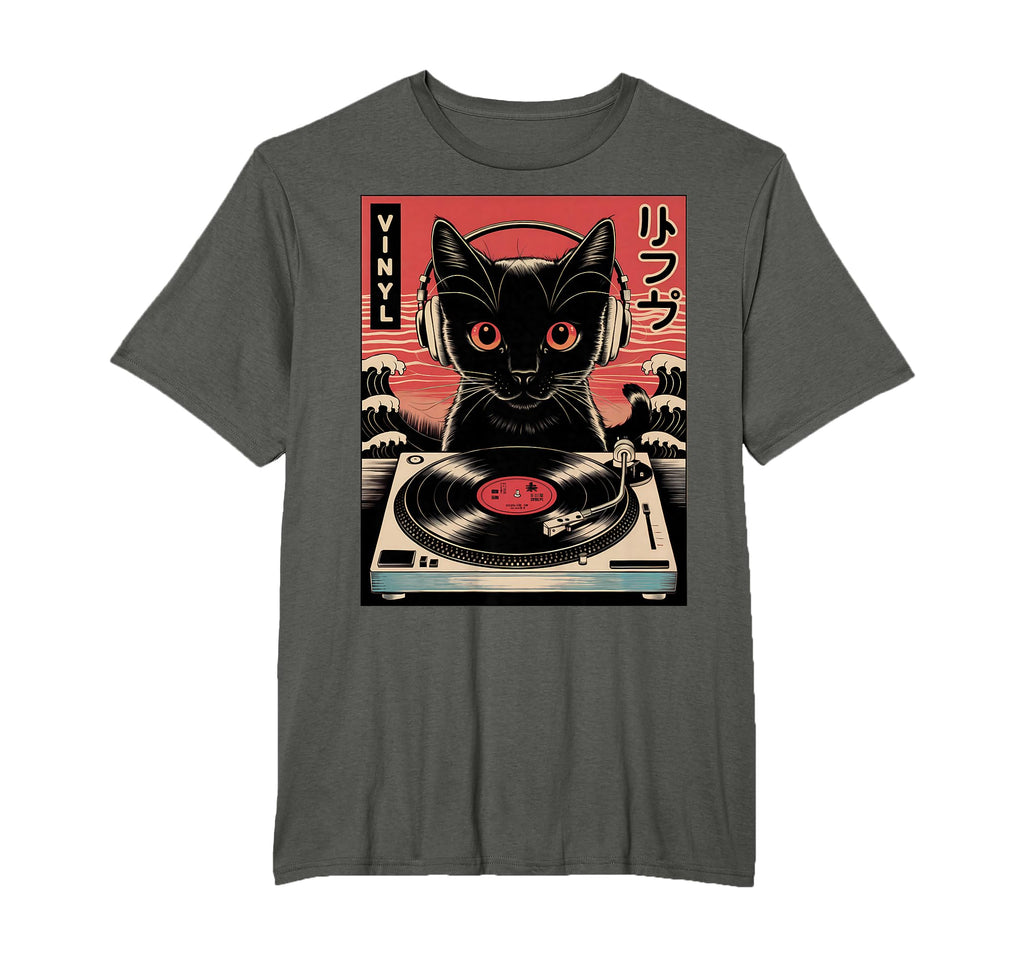 Japanese Cat Headphones Spinning Vinyl T-Shirt - Graphic Print Unisex - T-Shirt, Sweatshirt, Hoodie