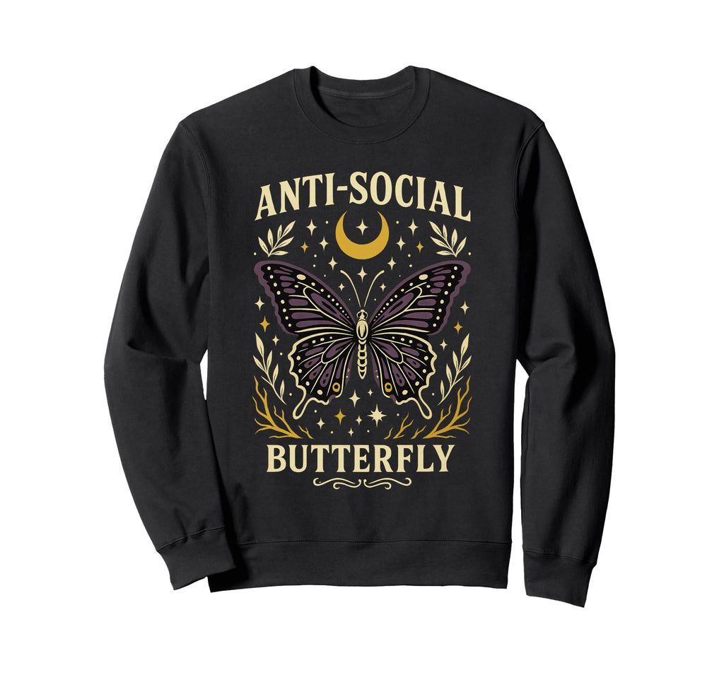 Anti Social Butterfly Moon Stars Sweatshirt - Graphic Print for Adults - T-Shirt, Sweatshirt, Hoodie