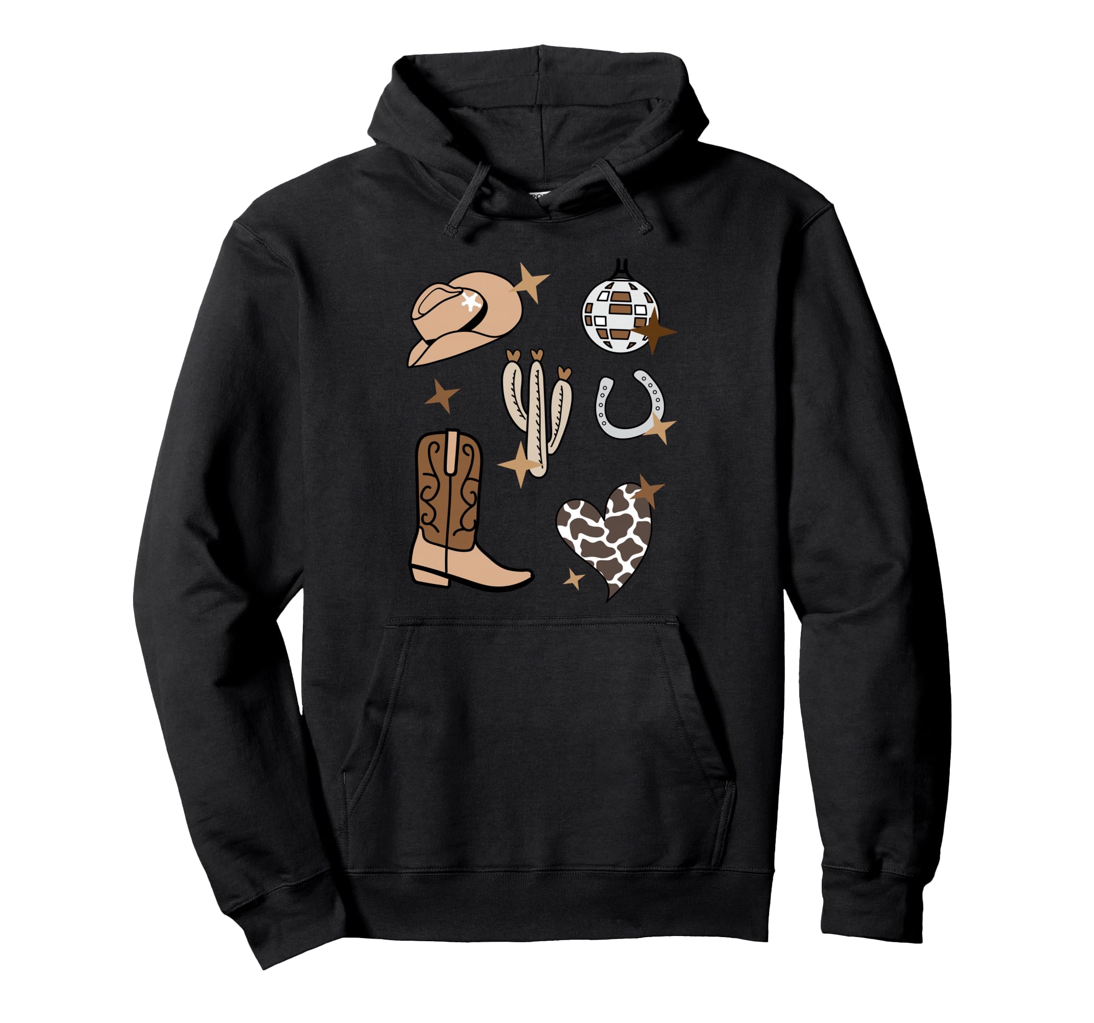 Cowboy Hat Boot Disco Ball Pattern Brown Hoodie - Trendy Graphic Unisex - T-Shirt, Sweatshirt, Hoodie