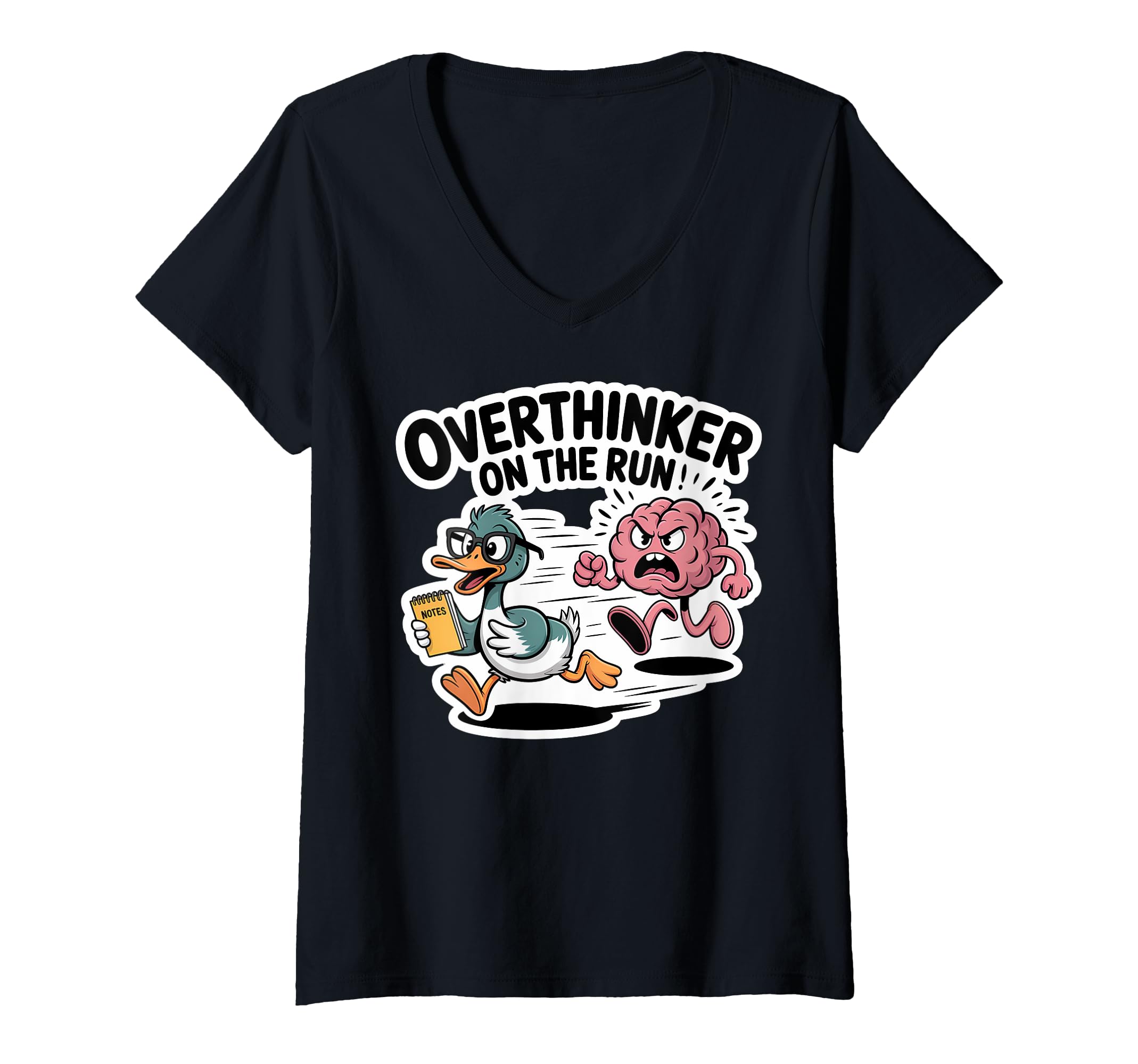 Womens Overthinker Run Duck V Neck T-Shirt - Graphic Print for Adults - T-Shirt, Sweatshirt, Hoodie