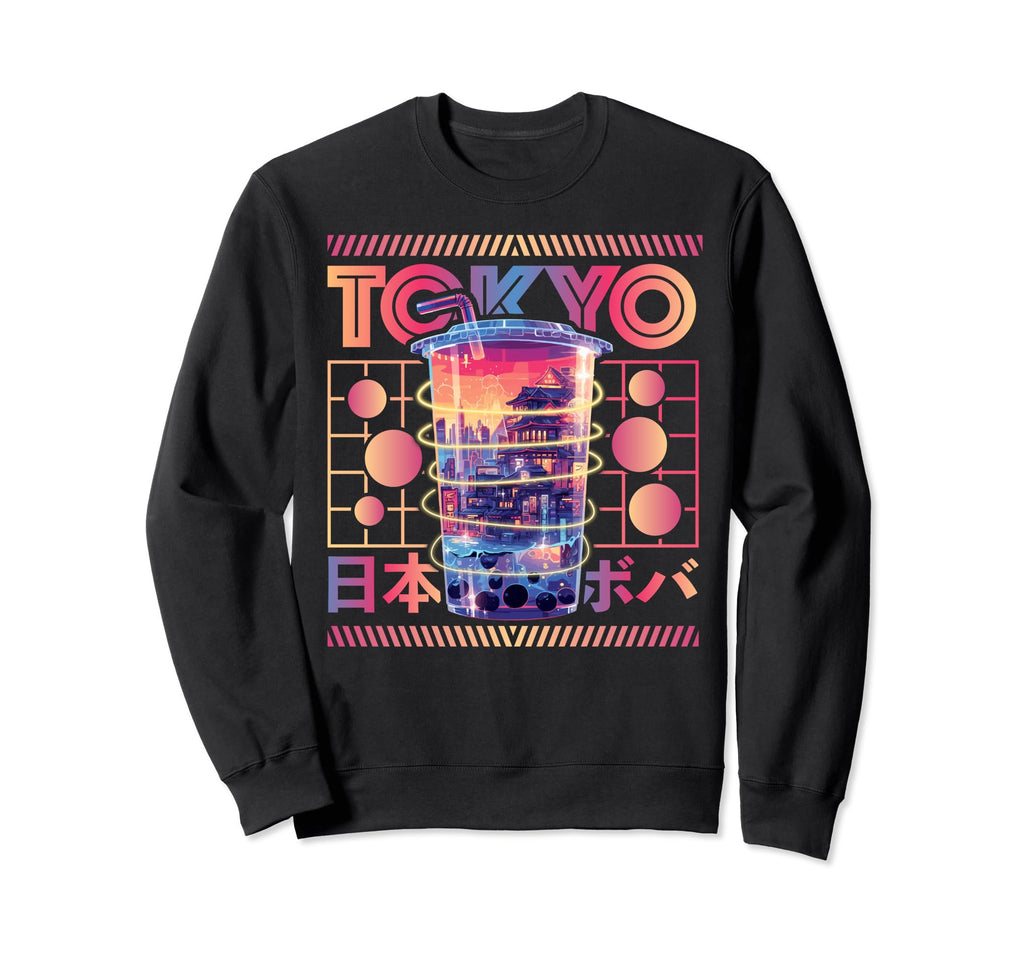 Tokyo City 80S Synthwave Boba Tea Sweatshirt - Custom Art Print for Adults - T-Shirt, Sweatshirt, Hoodie