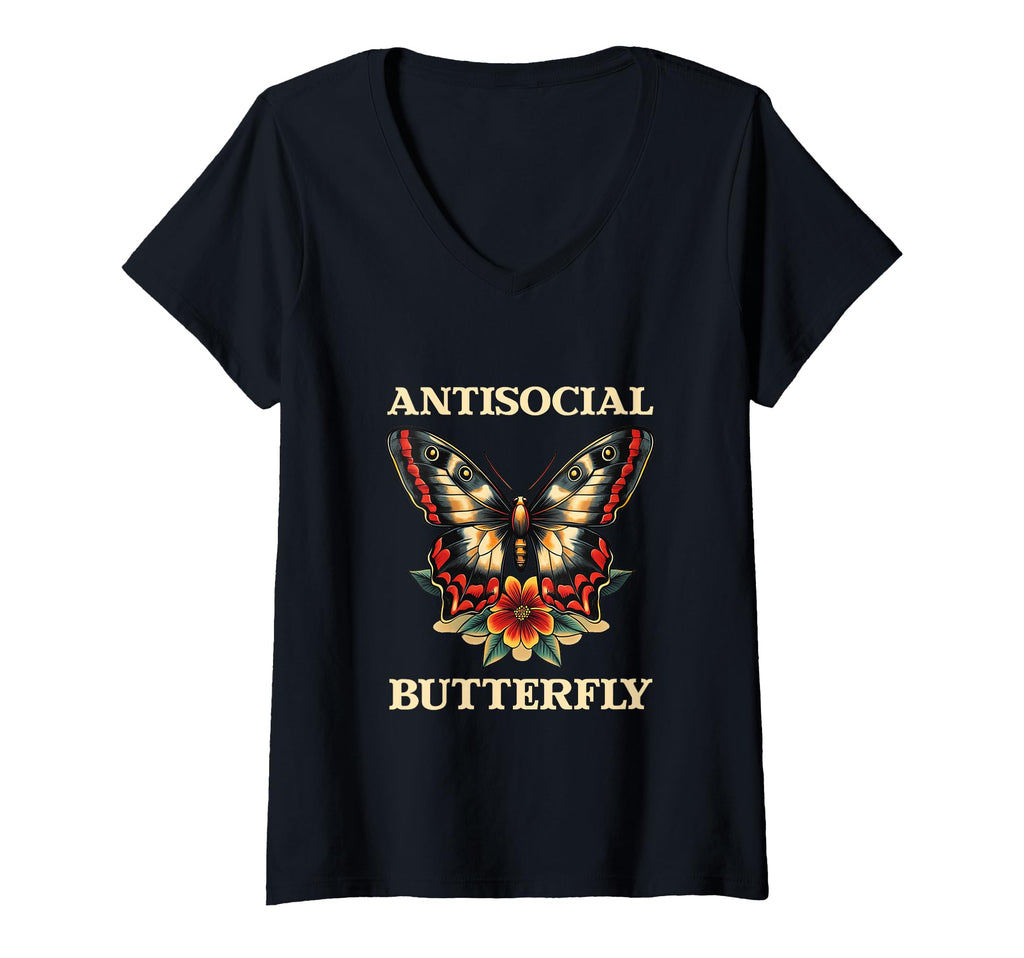 Womens Antisocial Butterfly V Neck T-Shirt - Trendy Graphic for Adults - T-Shirt, Sweatshirt, Hoodie