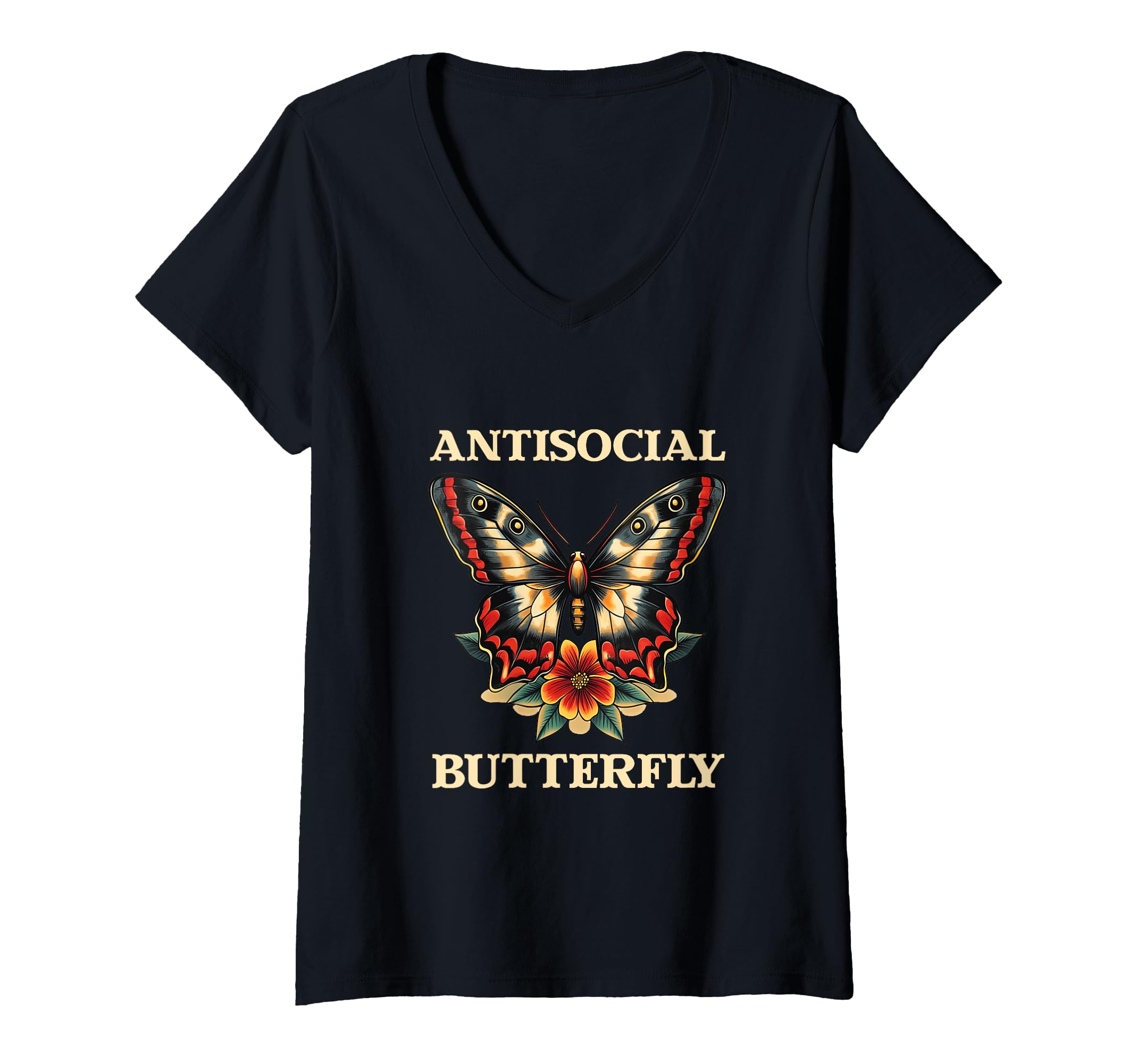 Womens Antisocial Butterfly V Neck T-Shirt - Trendy Graphic for Adults - T-Shirt, Sweatshirt, Hoodie
