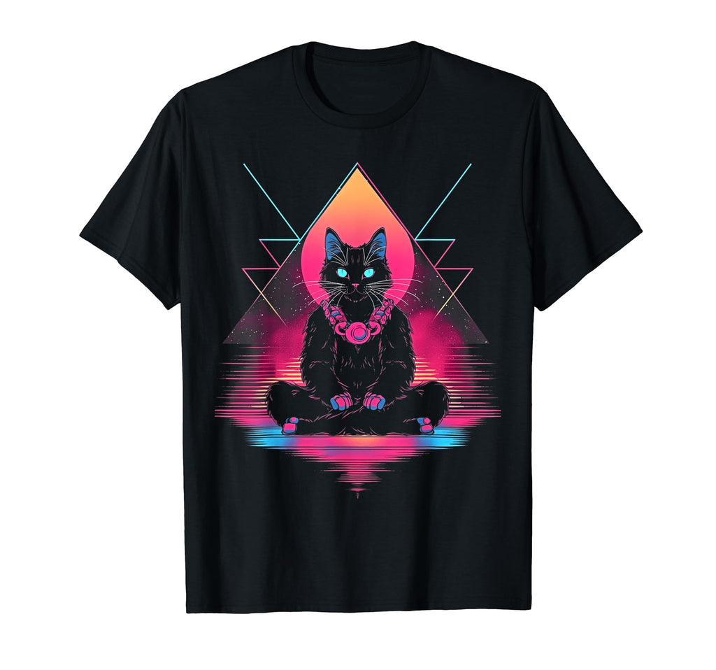 Synthwave Cat Samurai Mediation T-Shirt - Minimalist Print Men Women - T-Shirt, Sweatshirt, Hoodie