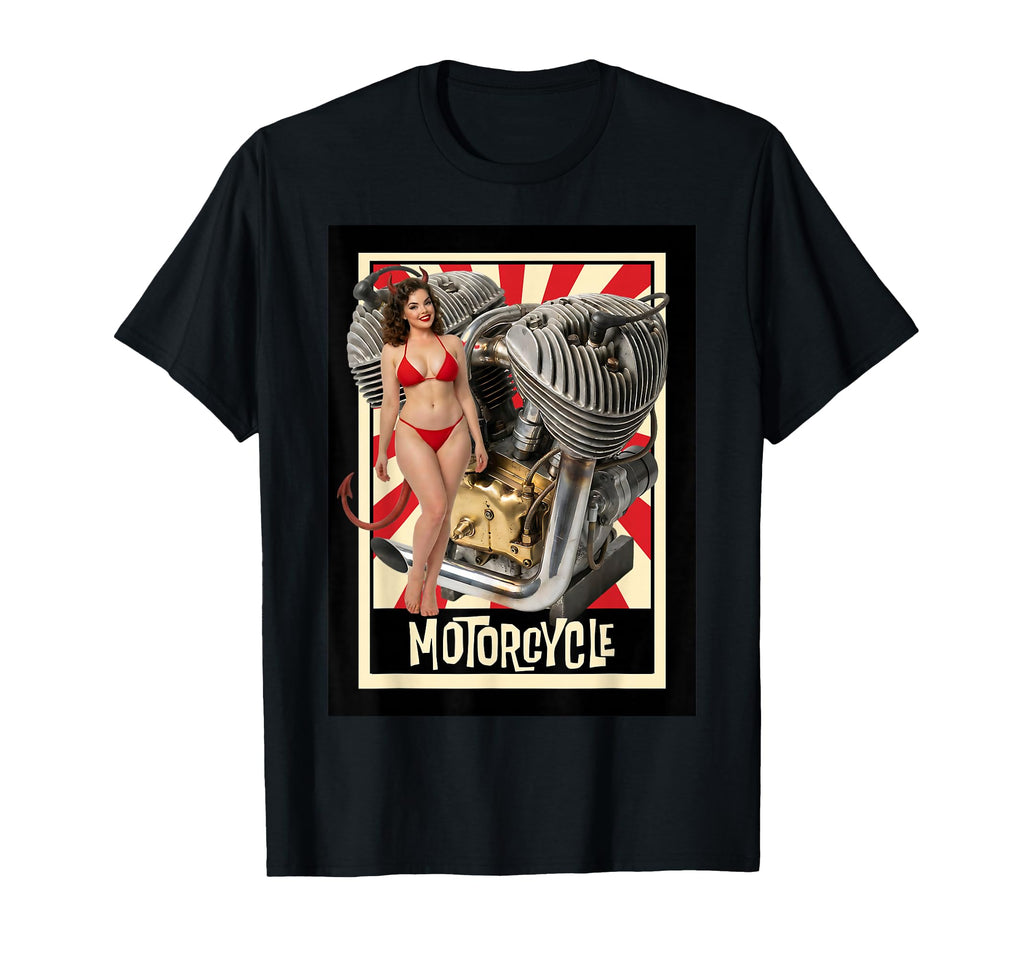 Devil Pin Up And Motorcycle Engine T-Shirt - Graphic Print for Adults - T-Shirt, Sweatshirt, Hoodie