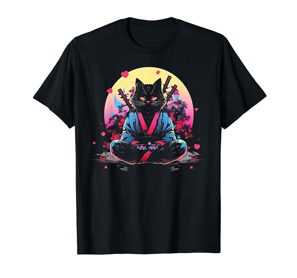 Synthwave Cat Samurai Mediation T-Shirt - Custom Art Print Men Women - T-Shirt, Sweatshirt, Hoodie