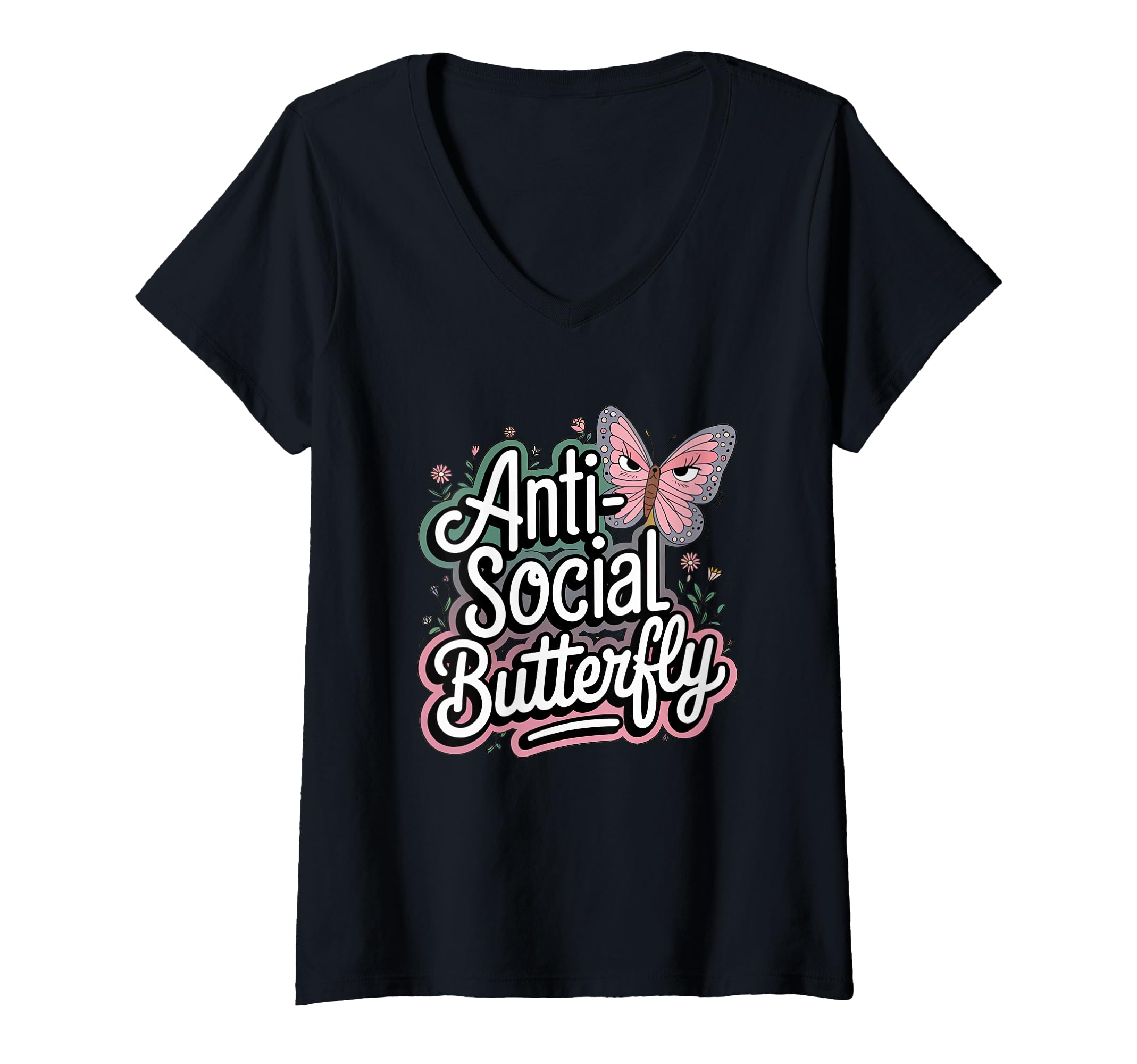 Womens Anti Social Butterfly V Neck T-Shirt - Fun Novelty Design Unisex - T-Shirt, Sweatshirt, Hoodie
