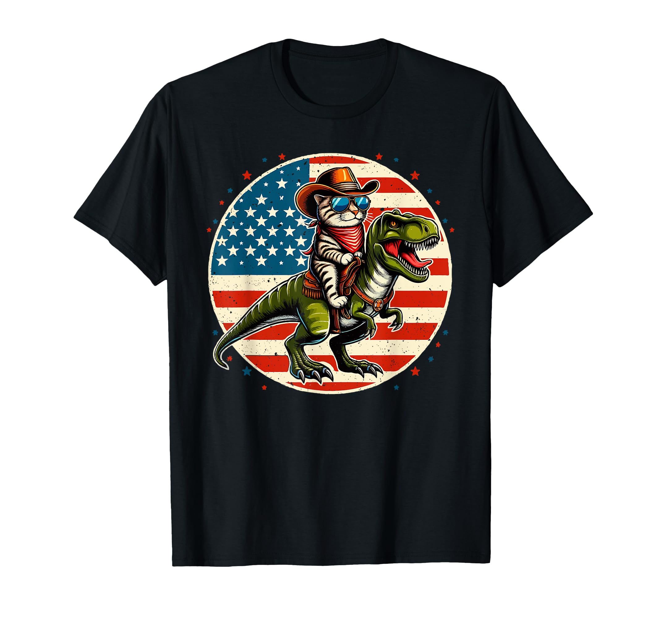 Funny Cowboy Cat Riding Dinosaur Usa Flag T-Shirt - Novelty Apparel Unisex - T-Shirt, Sweatshirt, Hoodie