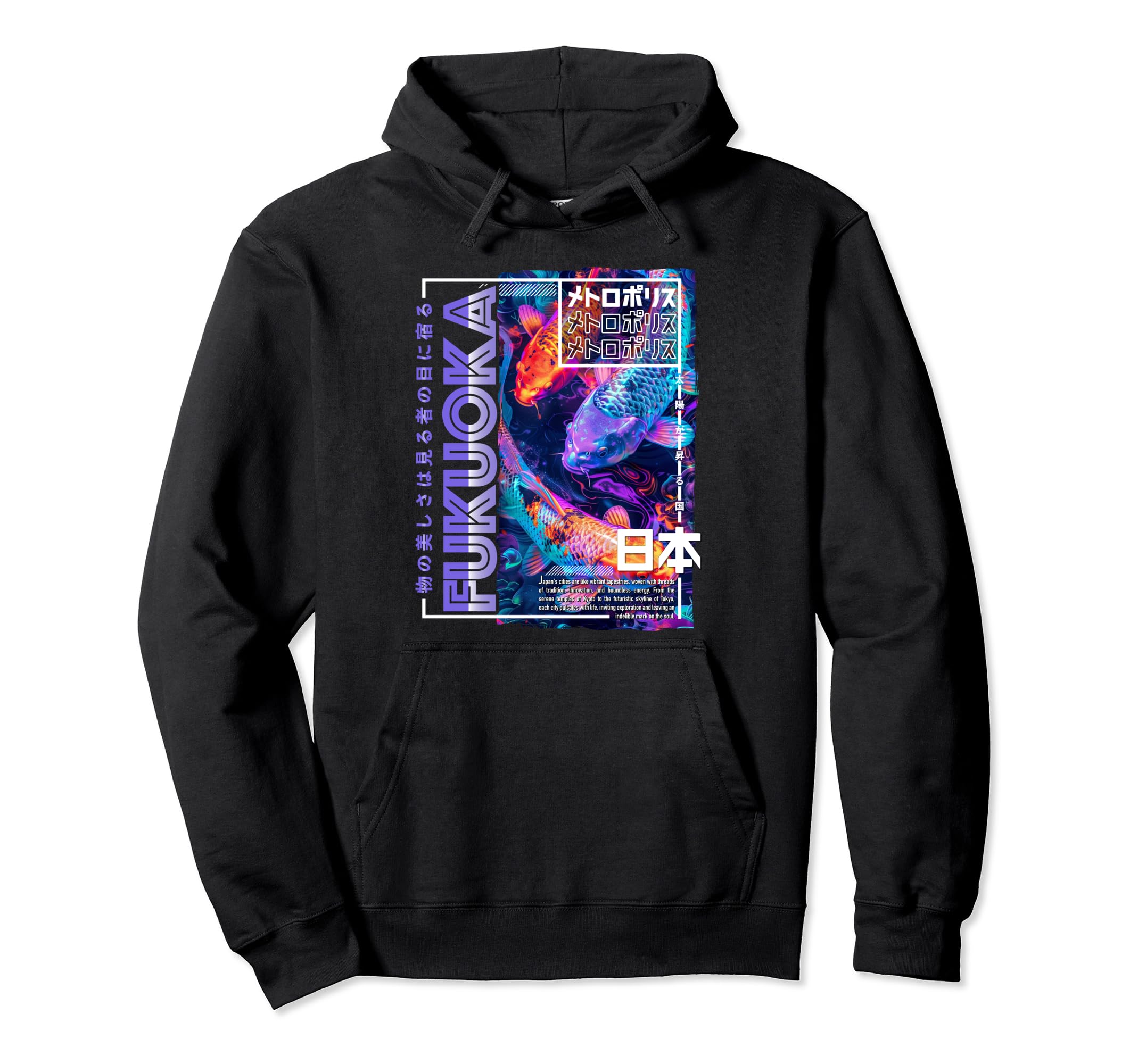 Fukuoka City 80S Synthwave Koi Carp Japan Hoodie - Graphic Print Unisex - T-Shirt, Sweatshirt, Hoodie