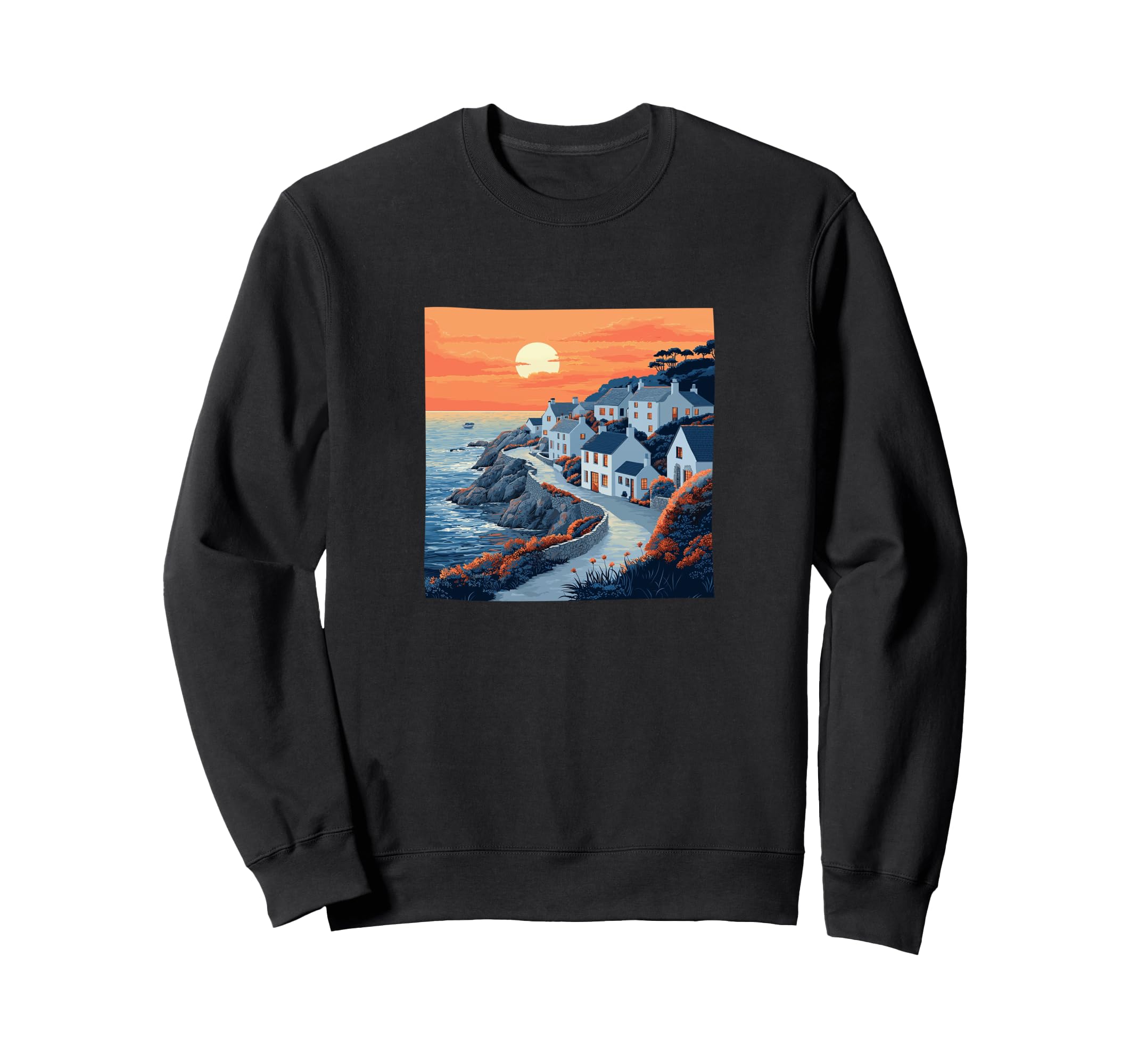 Coastal Village Sunset Landscape Sweatshirt - Novelty Apparel Unisex - T-Shirt, Sweatshirt, Hoodie