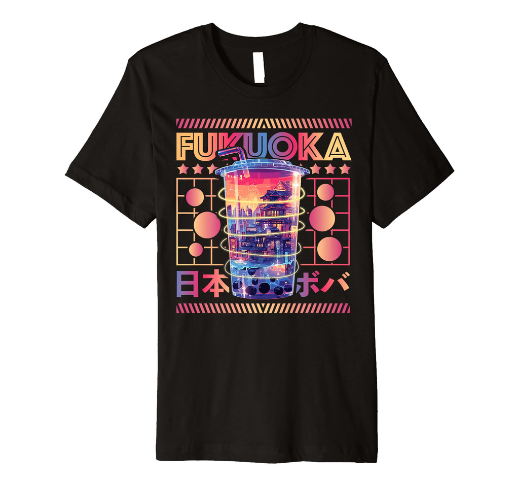 Fukuoka City 80S Synthwave Boba Tea Japan T-Shirt - Graphic Print Unisex - T-Shirt, Sweatshirt, Hoodie
