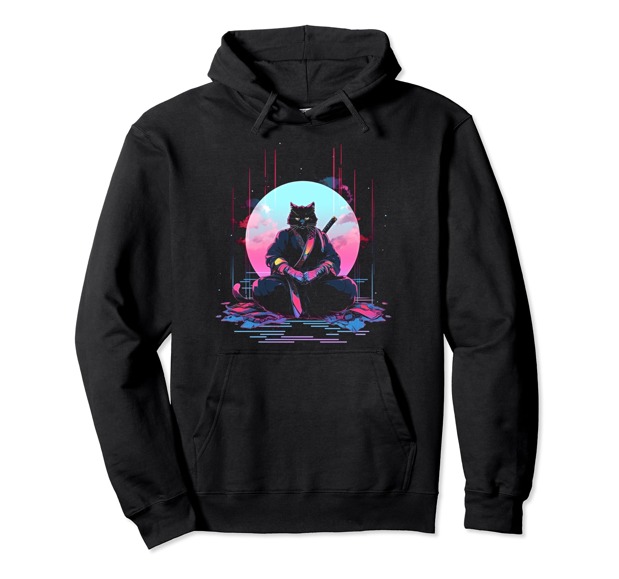 Synthwave Cat Samurai Mediation Hoodie - Casual Everyday Wear for Adults - T-Shirt, Sweatshirt, Hoodie