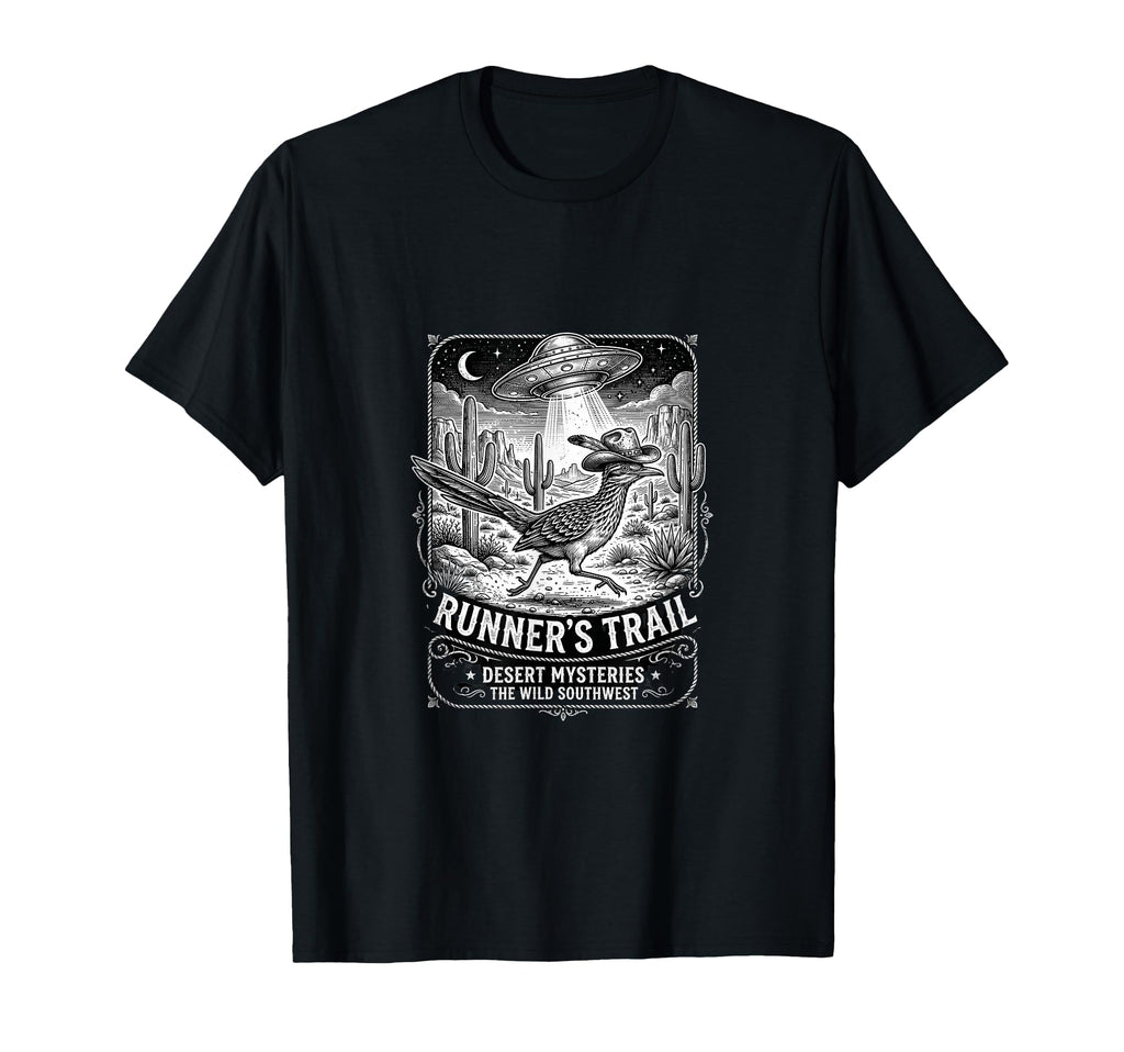 Cowboy Roadrunner Ufo Desert Western Art T-Shirt - Graphic Print Unisex - T-Shirt, Sweatshirt, Hoodie