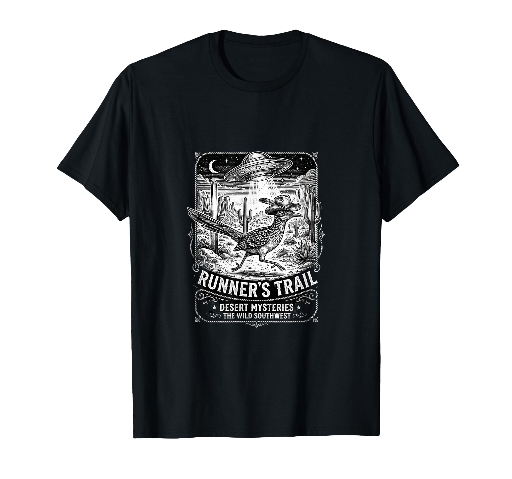 Cowboy Roadrunner Ufo Desert Western Art T-Shirt - Graphic Print Unisex - T-Shirt, Sweatshirt, Hoodie