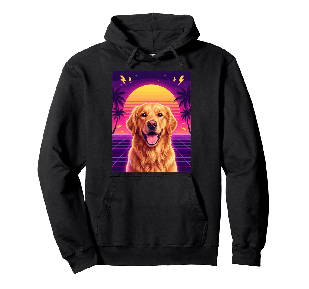Synthwave Golden Retriever Sunset 80S Hoodie - Novelty Apparel for Adults - T-Shirt, Sweatshirt, Hoodie
