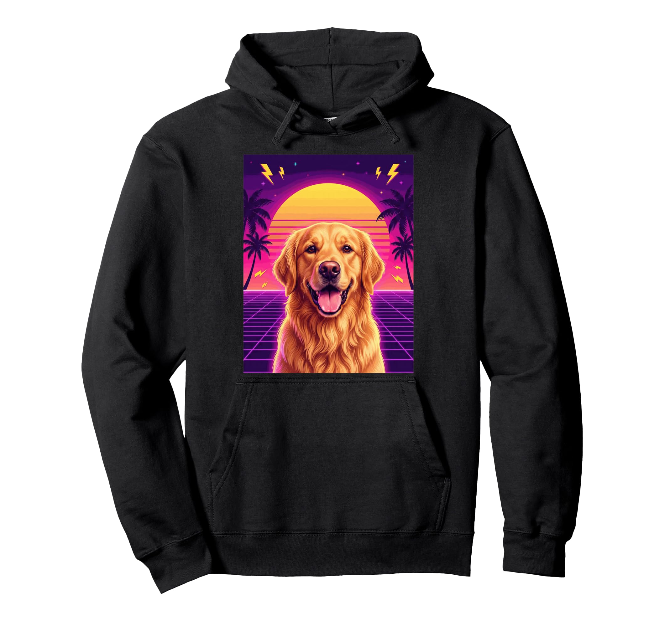 Synthwave Golden Retriever Sunset 80S Hoodie - Novelty Apparel for Adults - T-Shirt, Sweatshirt, Hoodie