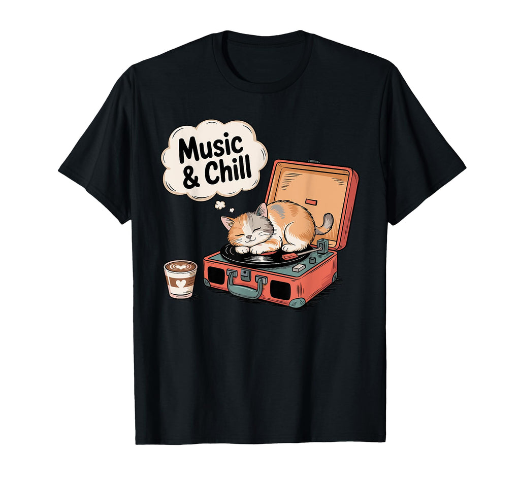 Music And Chill Cat Sleeping Record T-Shirt - Aesthetic Graphic for Adults - T-Shirt, Sweatshirt, Hoodie