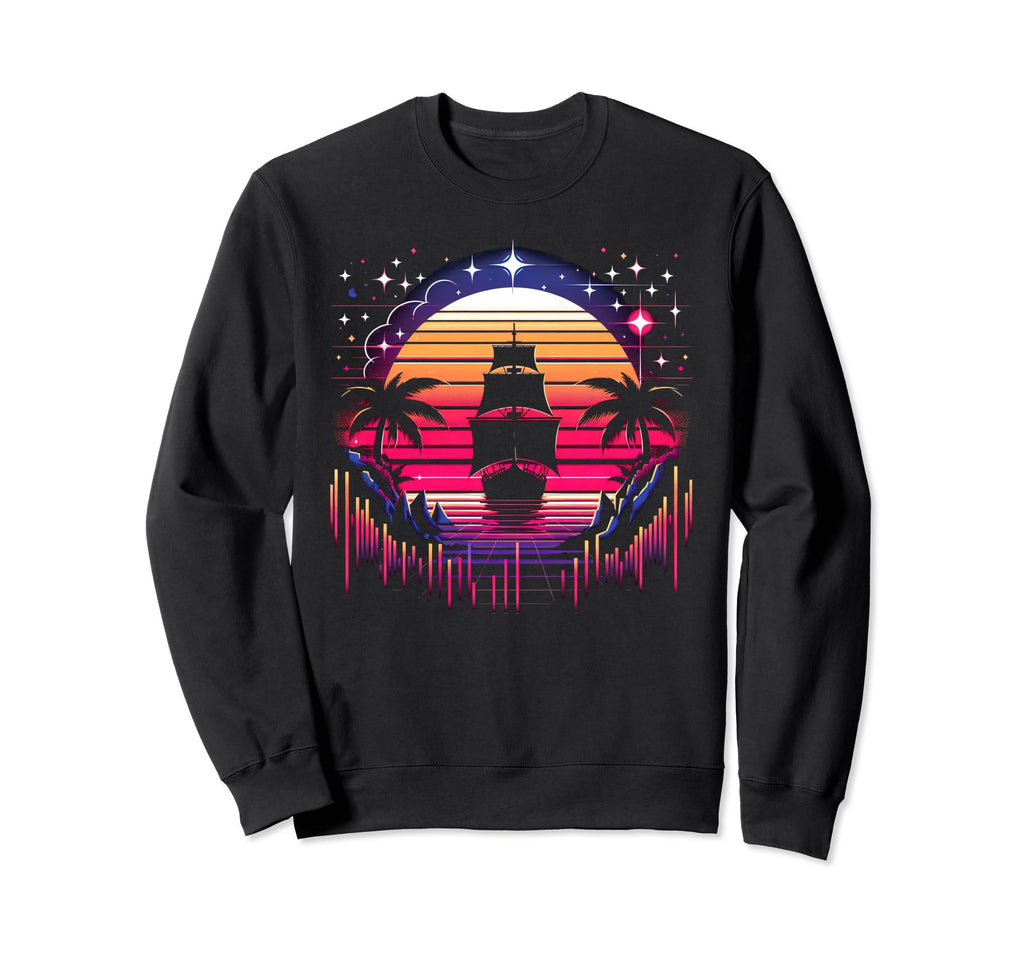 Synthwave Pirate Ship Sweatshirt - Casual Everyday Wear Men Women - T-Shirt, Sweatshirt, Hoodie