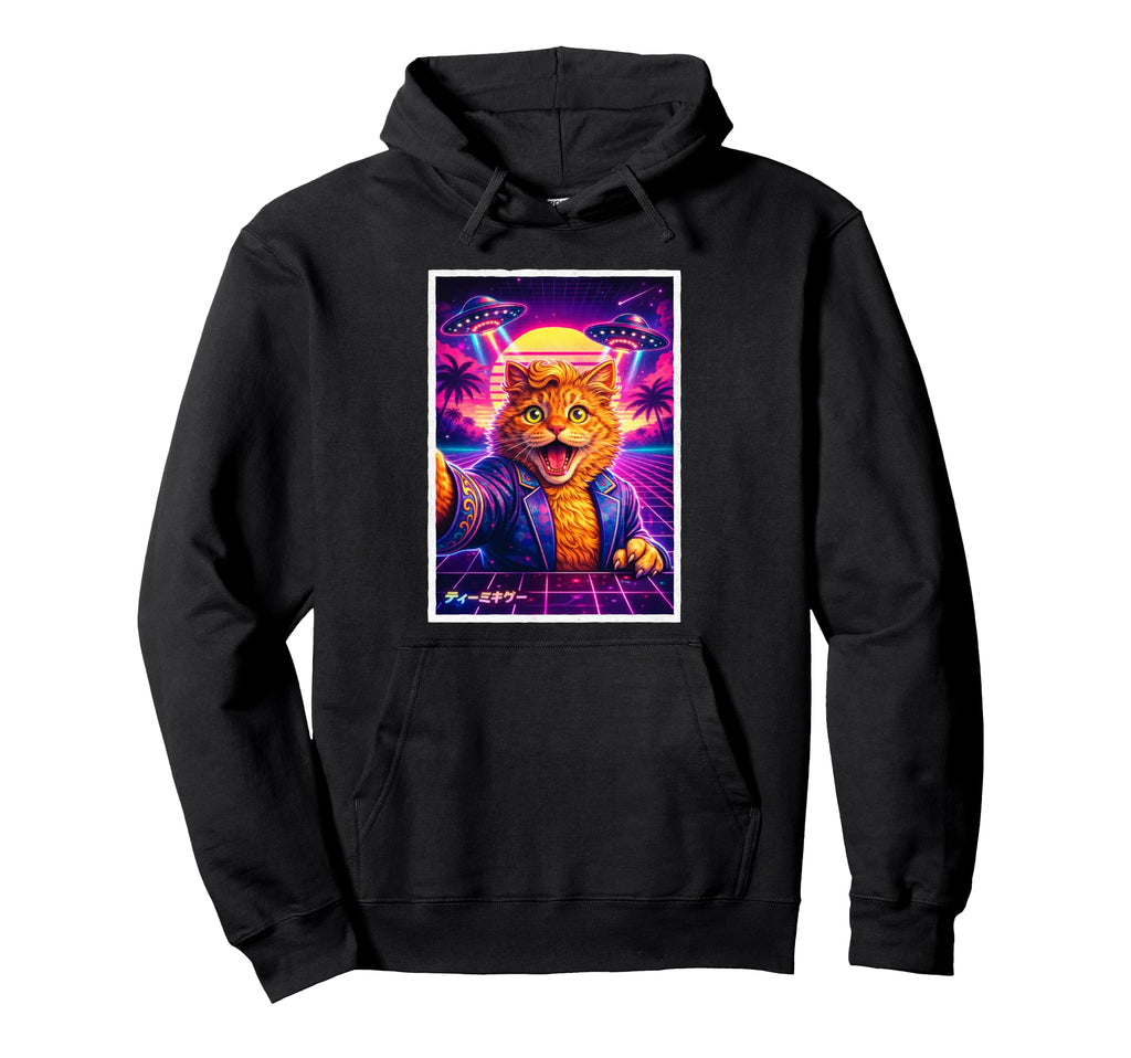 Funny Cat Meme Synthwave 80S Ufo Hoodie - Casual Everyday Wear Unisex - T-Shirt, Sweatshirt, Hoodie