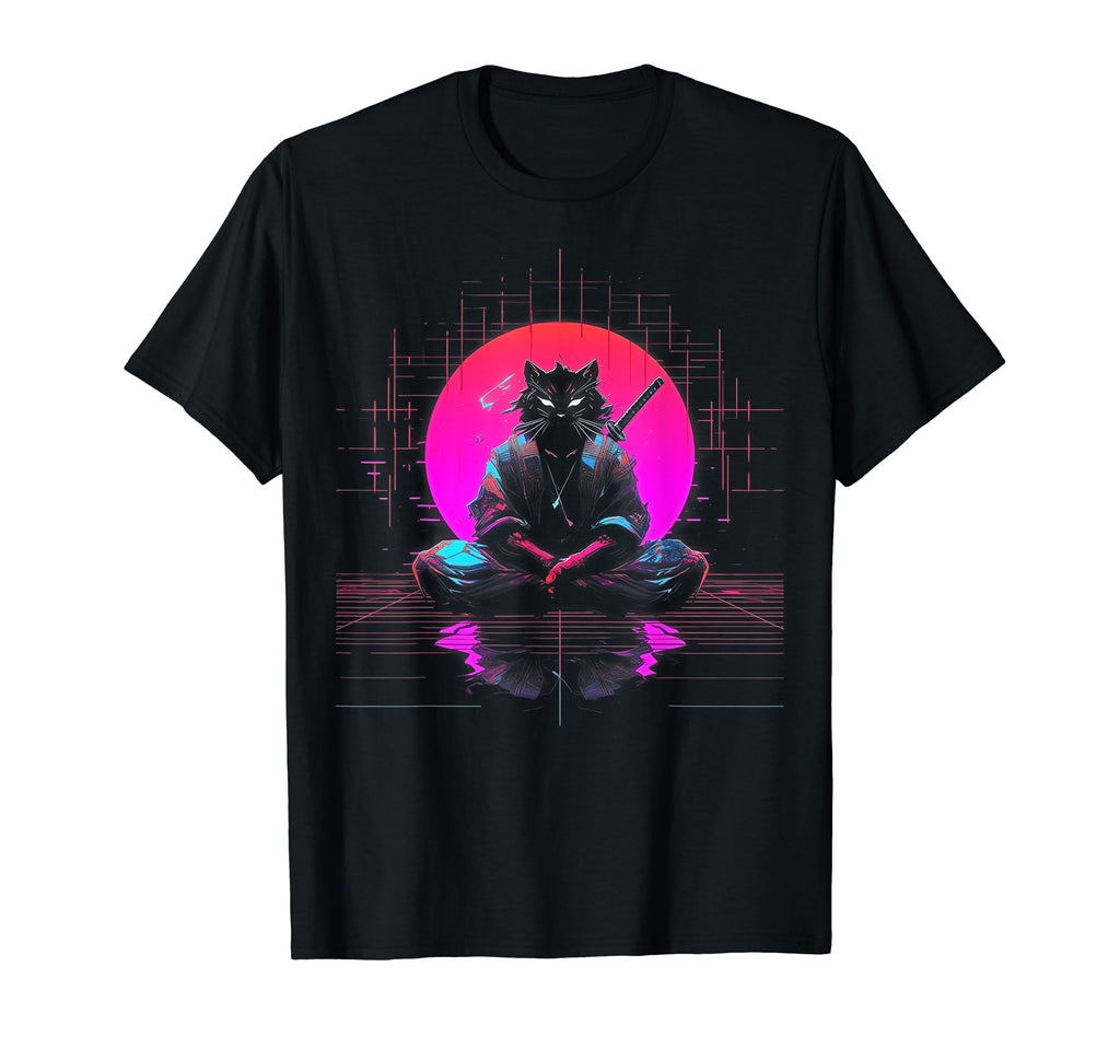 Synthwave Cat Samurai Mediation T-Shirt - Casual Everyday Wear for Adults - T-Shirt, Sweatshirt, Hoodie