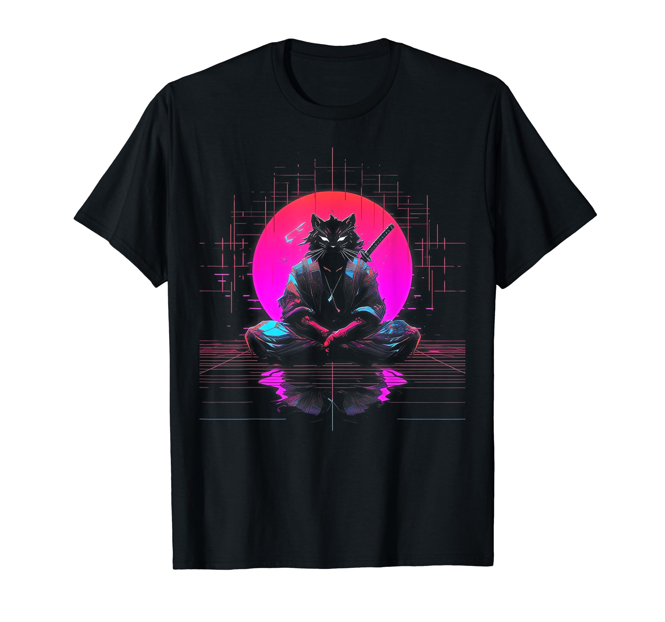 Synthwave Cat Samurai Mediation T-Shirt - Casual Everyday Wear for Adults - T-Shirt, Sweatshirt, Hoodie