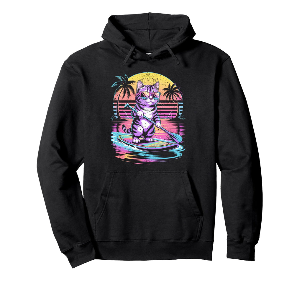Cat Paddleboarding Sunset 80S Hoodie - Custom Art Print Men Women - T-Shirt, Sweatshirt, Hoodie