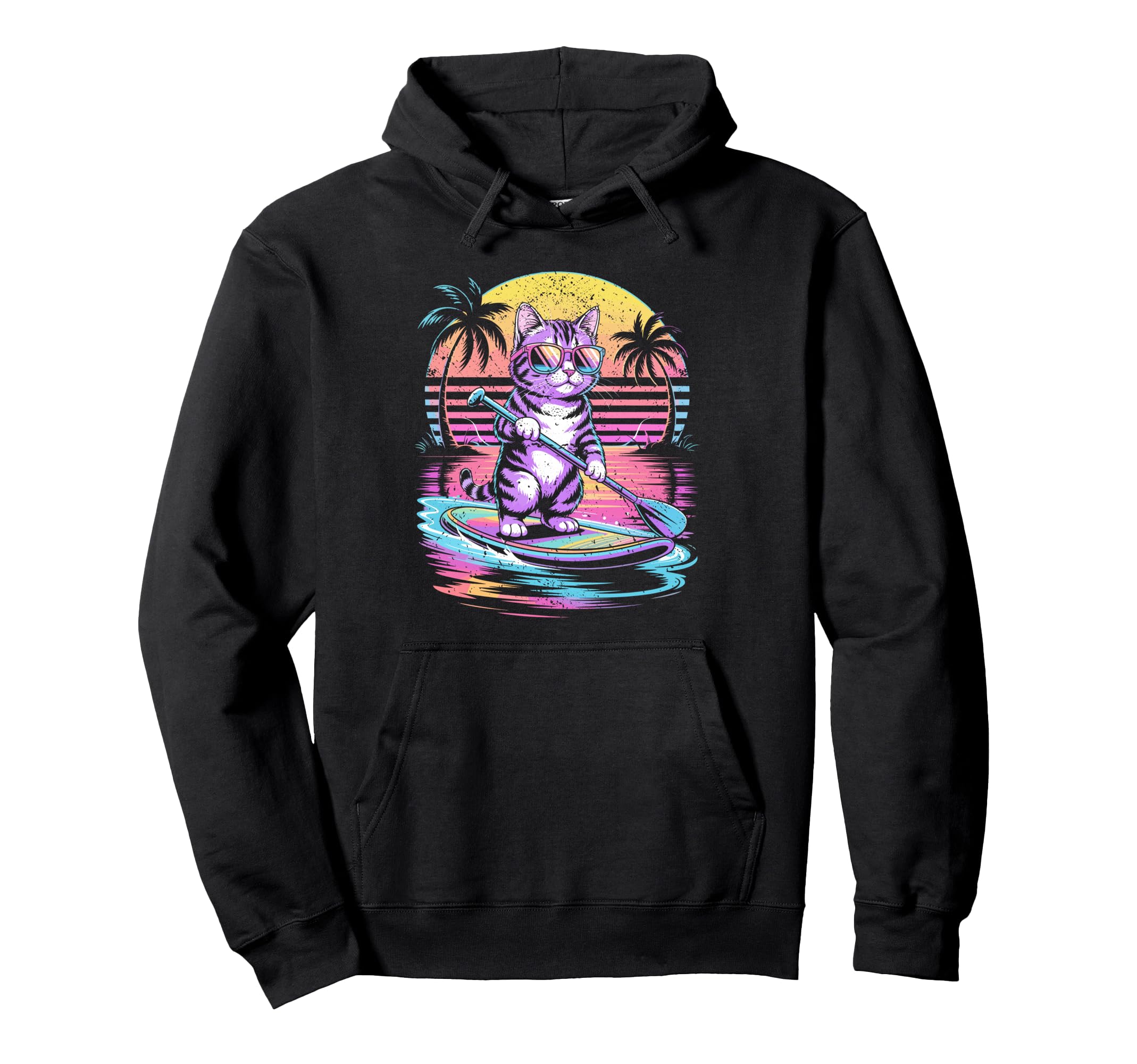 Cat Paddleboarding Sunset 80S Hoodie - Custom Art Print Men Women - T-Shirt, Sweatshirt, Hoodie