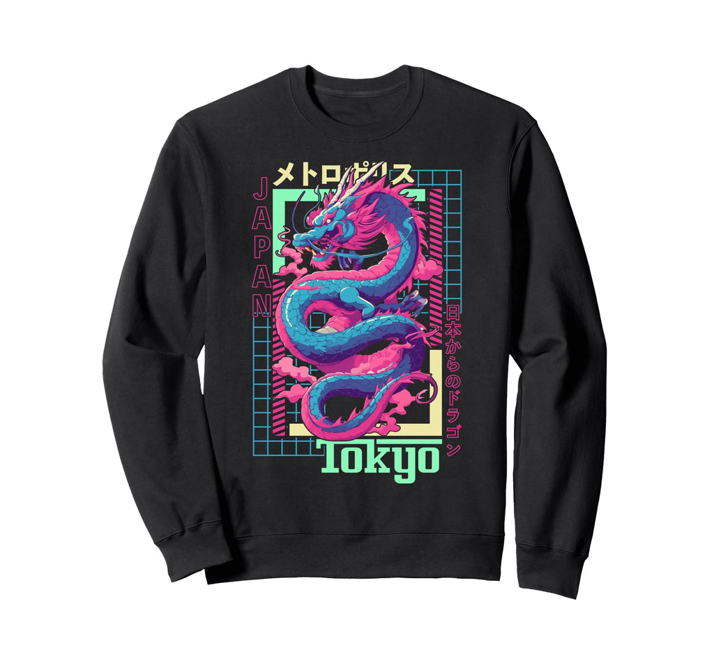 Tokyo City Synthwave 80S Dragon Sweatshirt - Fun Novelty Design Men Women - T-Shirt, Sweatshirt, Hoodie