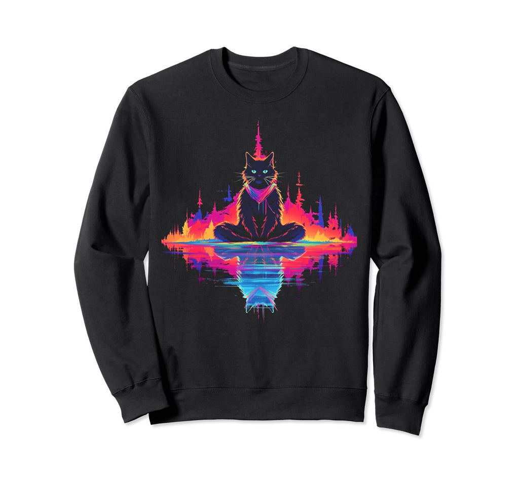 Synthwave Cat Samurai Mediation Sweatshirt - Casual Everyday Wear Unisex - T-Shirt, Sweatshirt, Hoodie