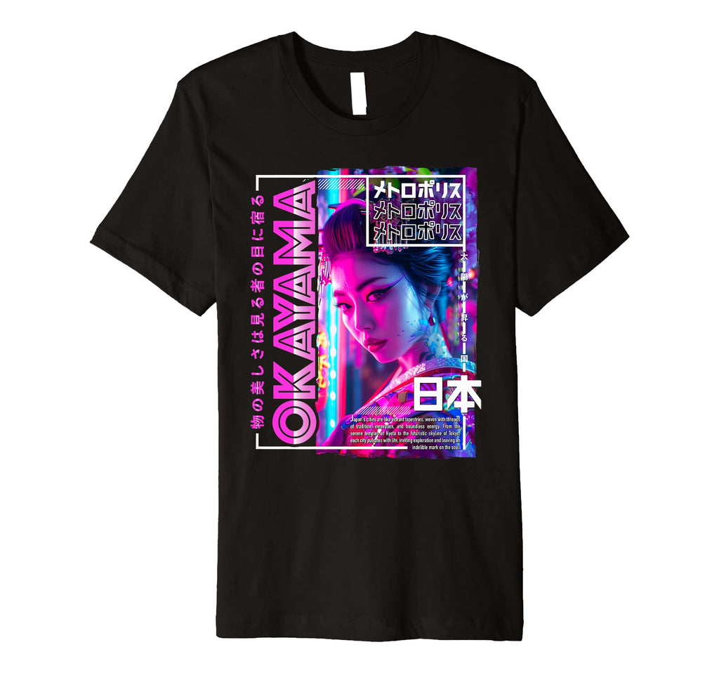 Okayama City 80S Synthwave Geisha T-Shirt - Unique Graphic for Adults - T-Shirt, Sweatshirt, Hoodie