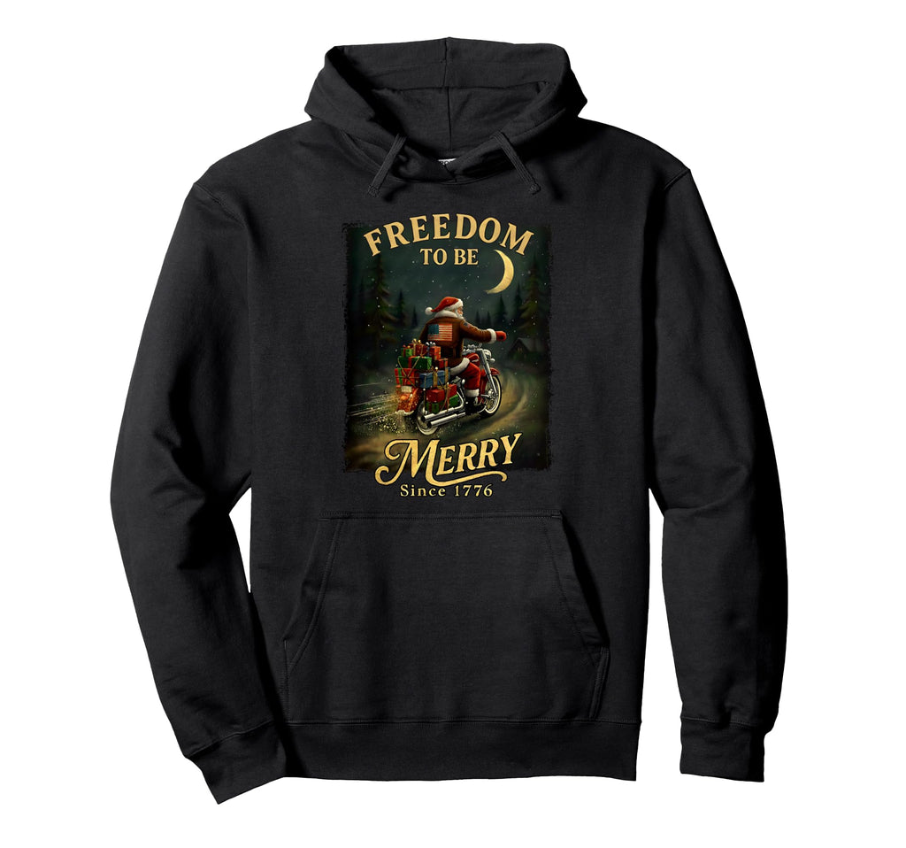 Patriotic Santa Riding Motorcycle Hoodie - Graphic Print Men Women - T-Shirt, Sweatshirt, Hoodie