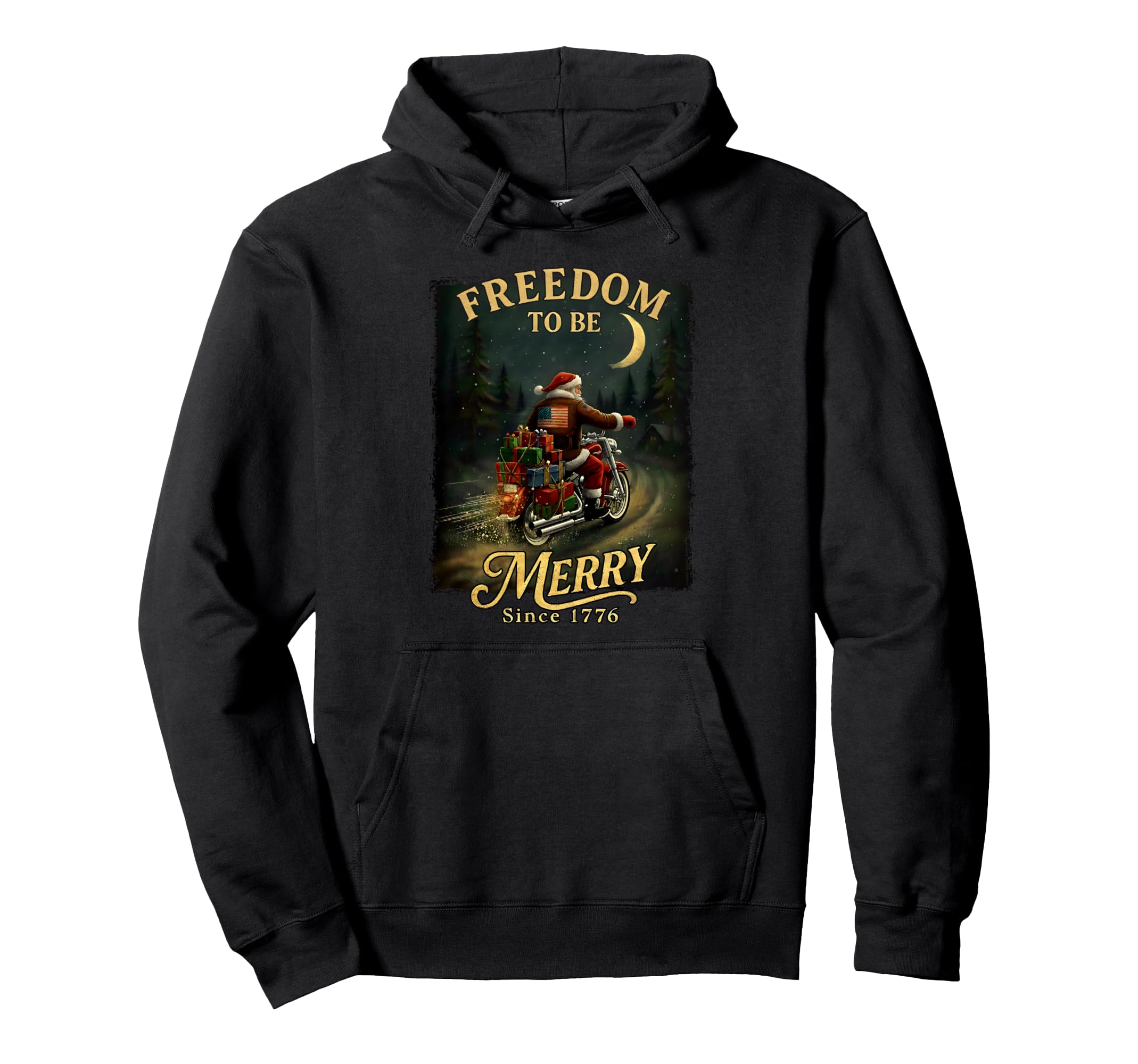 Patriotic Santa Riding Motorcycle Hoodie - Graphic Print Men Women - T-Shirt, Sweatshirt, Hoodie
