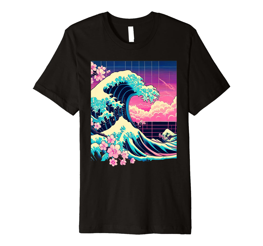 Vaporwave Great Wave Kanagawa Cherry T-Shirt - Minimalist Print for Adults - T-Shirt, Sweatshirt, Hoodie