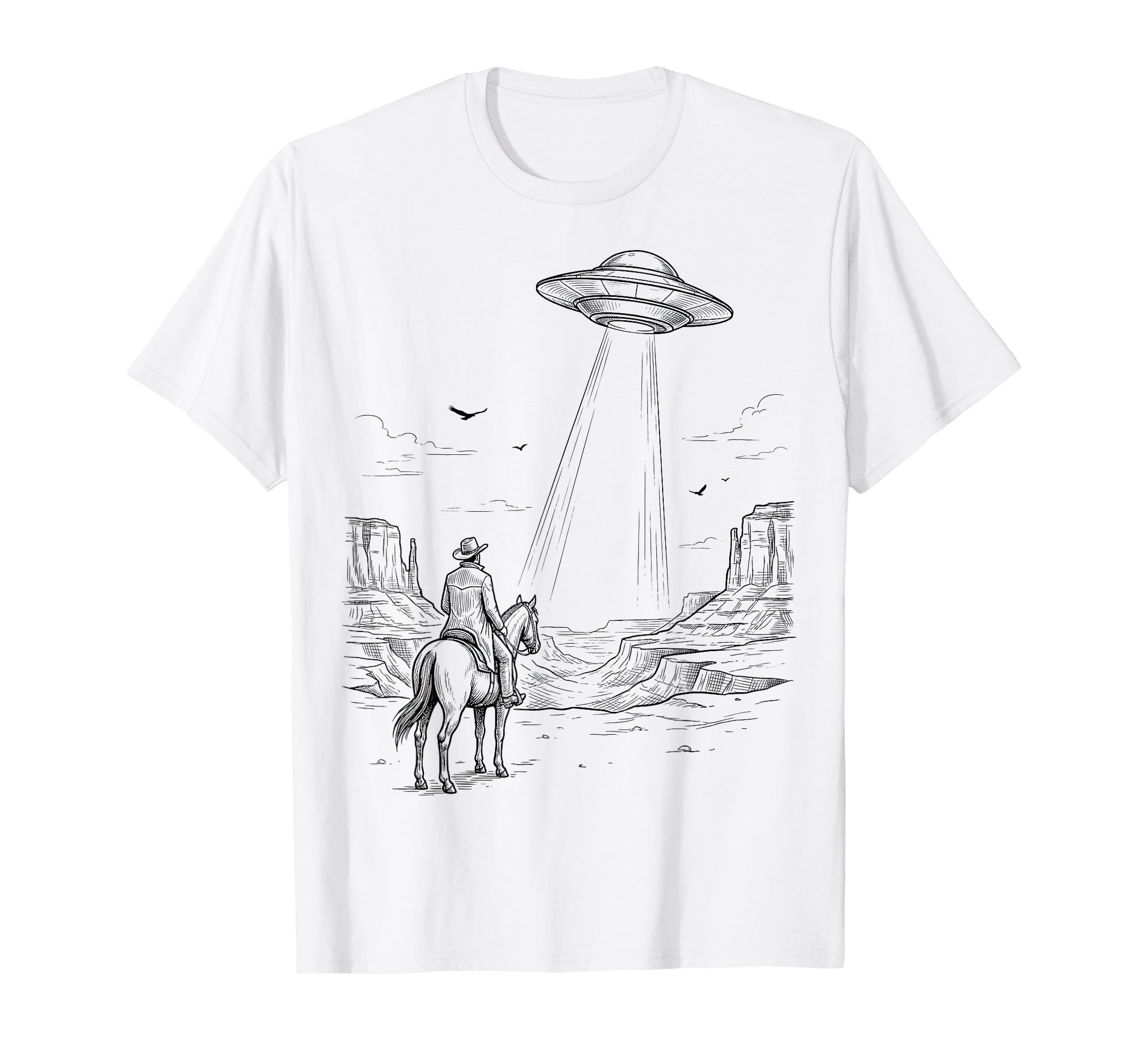 Ufo Cowboy Western Desert Space T-Shirt - Minimalist Print Unisex - T-Shirt, Sweatshirt, Hoodie