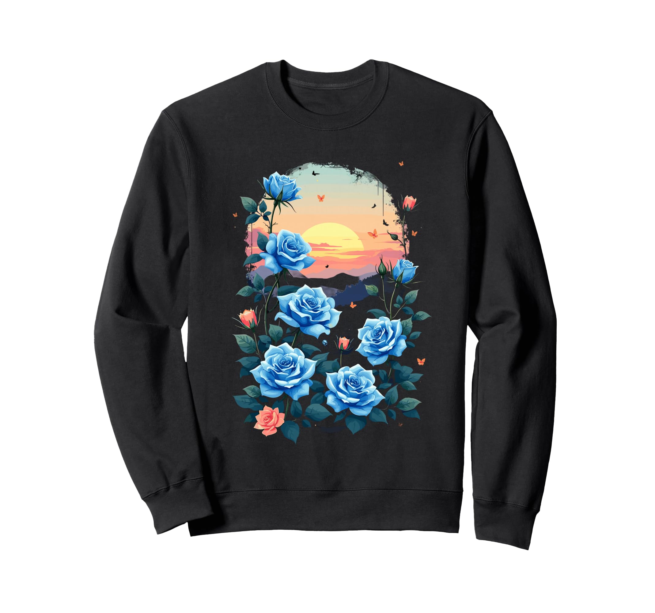 Blue Rose Garden Sunset Serenity Sweatshirt - Unique Graphic Unisex - T-Shirt, Sweatshirt, Hoodie