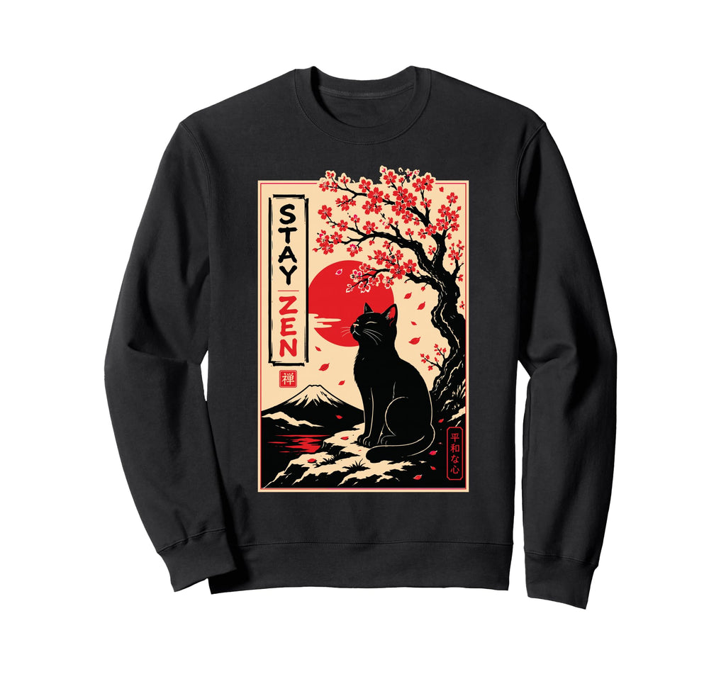 Black Zen Cat Sakura Japanese Sweatshirt - Minimalist Print for Adults - T-Shirt, Sweatshirt, Hoodie