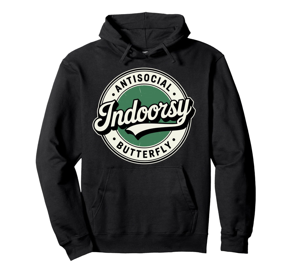 Indoorsy Antisocial Butterfly Badge Hoodie - Aesthetic Graphic for Adults - T-Shirt, Sweatshirt, Hoodie