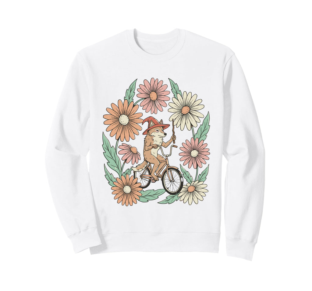 Wolf Witch Riding Bicycle Floral Sweatshirt - Graphic Print Unisex - T-Shirt, Sweatshirt, Hoodie